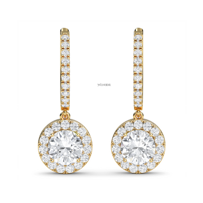 Round halo dangle earrings with lab grown diamonds in 14K gold