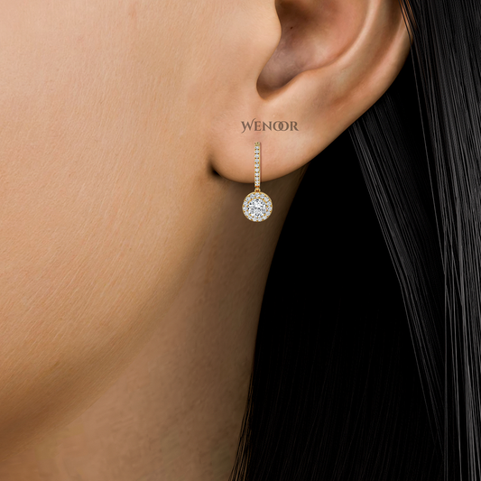 Round halo dangle earrings with lab grown diamonds in 14K gold