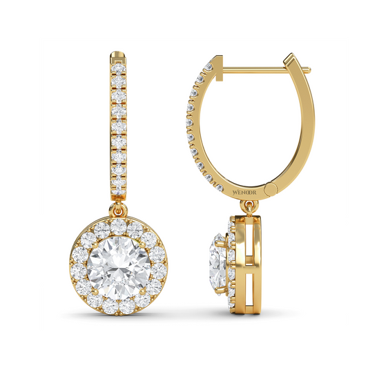 Round halo dangle earrings with lab grown diamonds in 14K gold