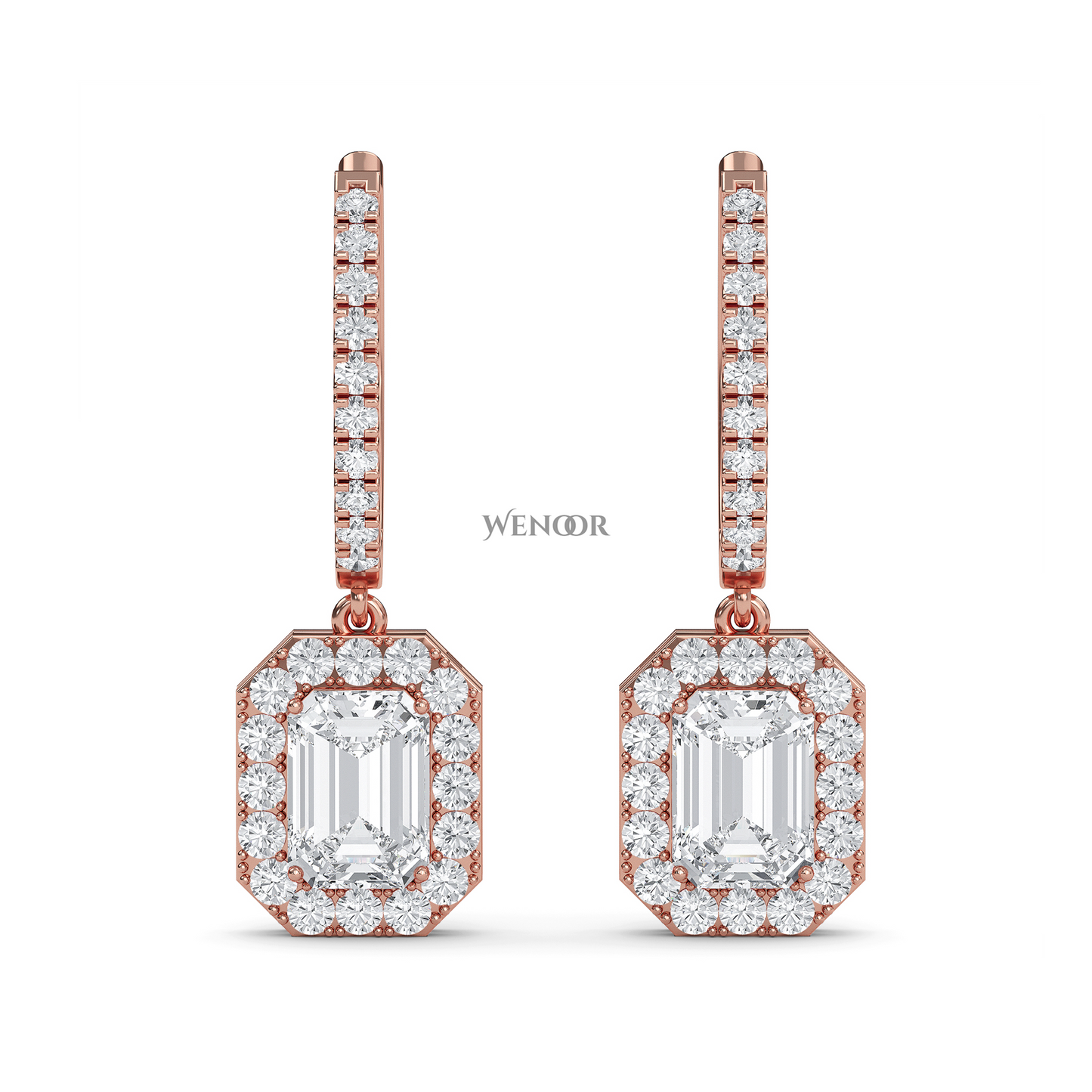 Luxury 18k Gold Dangle Drop Earrings with Emerald Cut Lab Diamond & Halo of Brilliant Stones