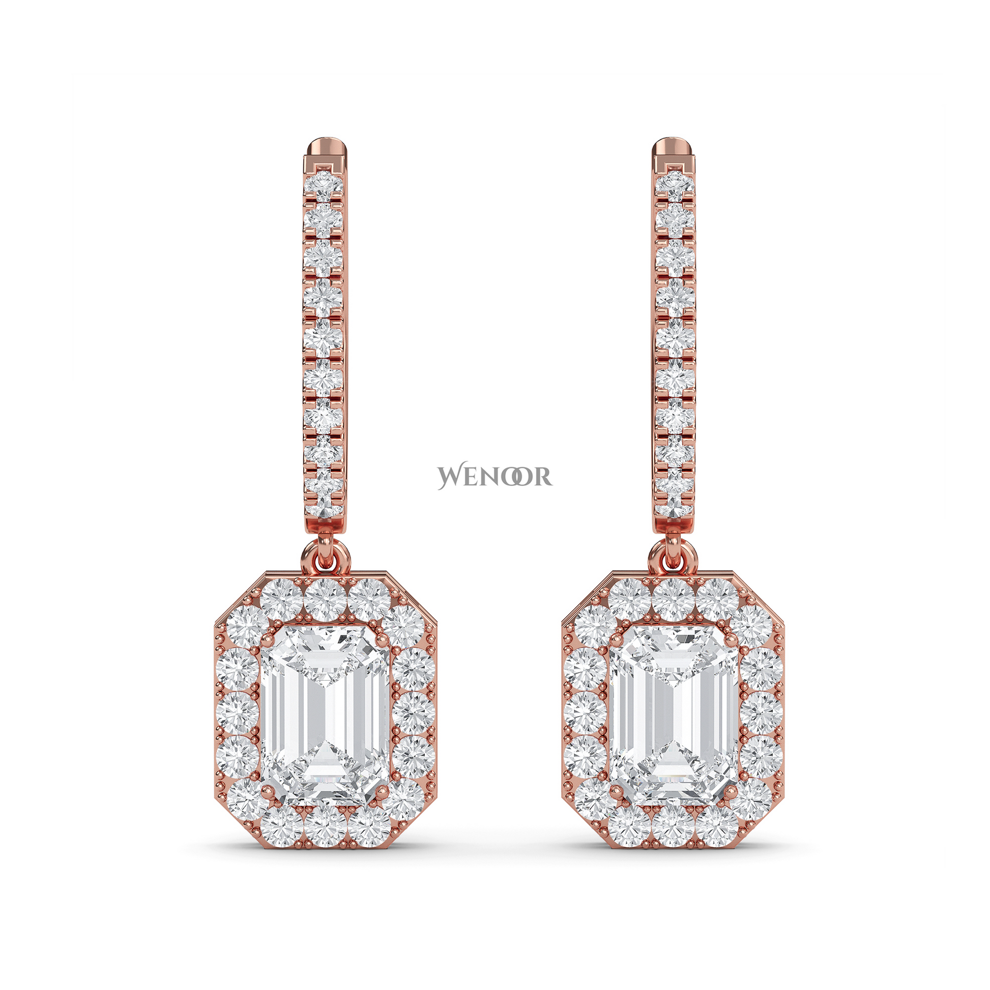Luxury 18k Gold Dangle Drop Earrings with Emerald Cut Lab Diamond & Halo of Brilliant Stones