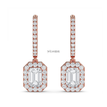 Luxury 18k Gold Dangle Drop Earrings with Emerald Cut Lab Diamond & Halo of Brilliant Stones