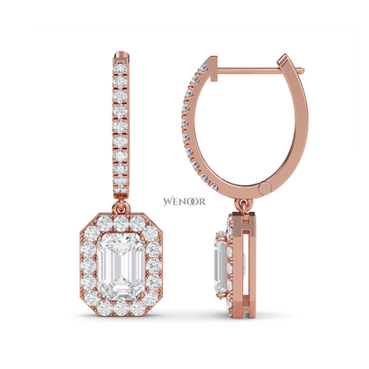 Luxury 18k Gold Dangle Drop Earrings with Emerald Cut Lab Diamond & Halo of Brilliant Stones