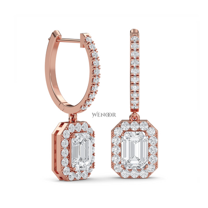 Luxury 18k Gold Dangle Drop Earrings with Emerald Cut Lab Diamond & Halo of Brilliant Stones