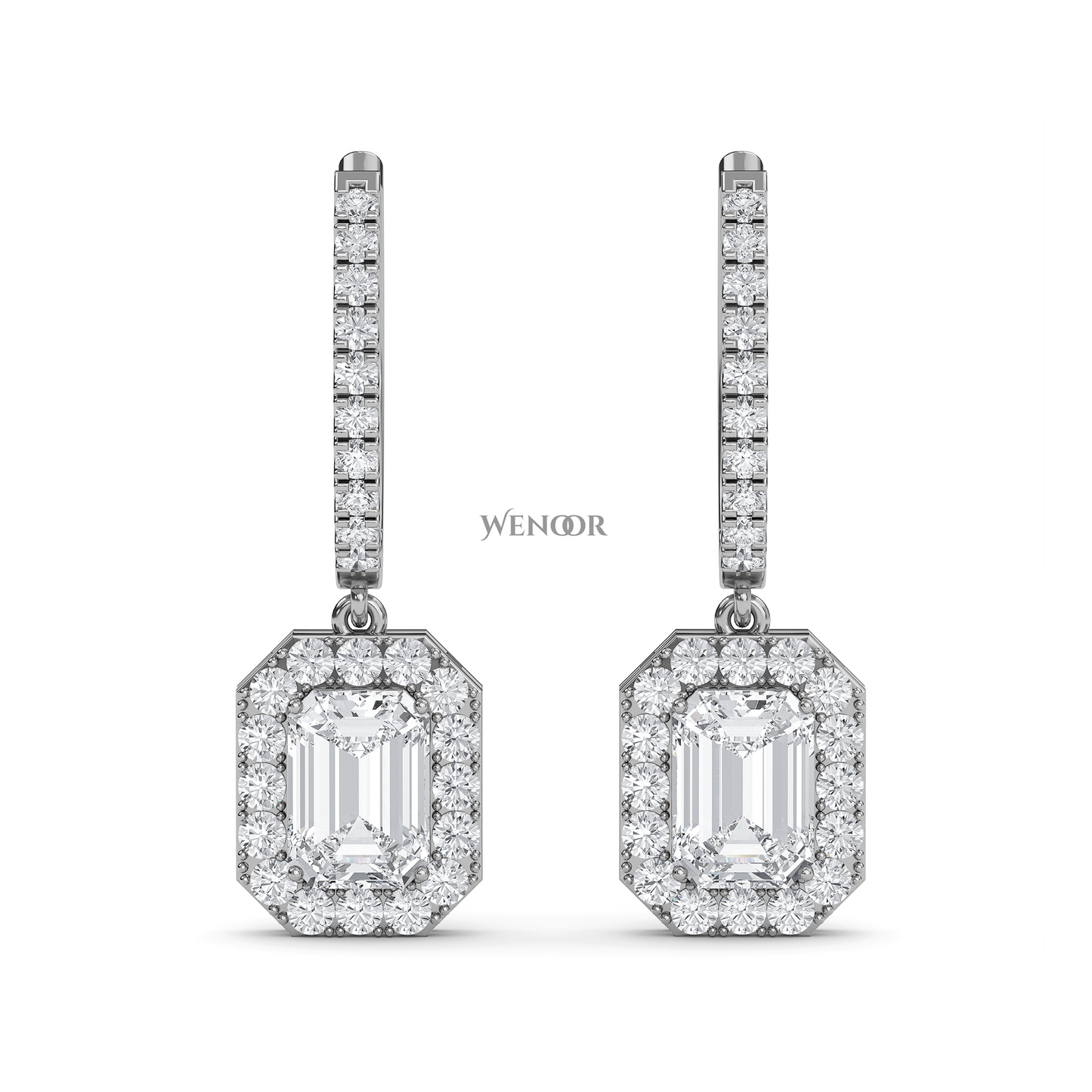 Luxury 18k Gold Dangle Drop Earrings with Emerald Cut Lab Diamond & Halo of Brilliant Stones