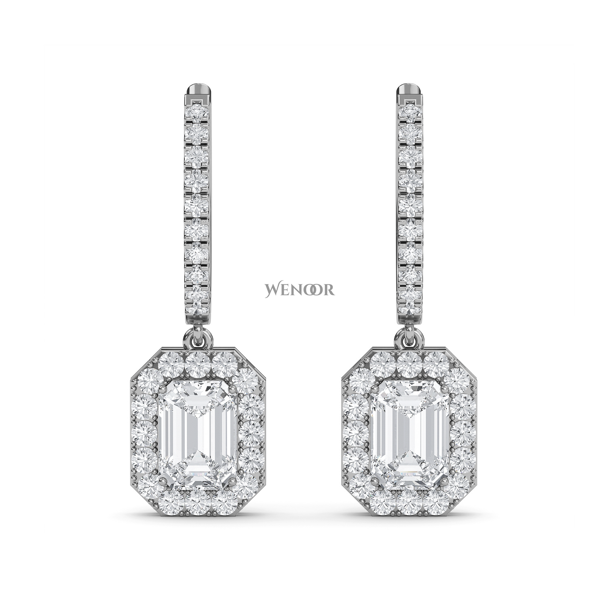 Luxury 18k Gold Dangle Drop Earrings with Emerald Cut Lab Diamond & Halo of Brilliant Stones
