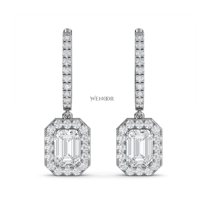 Luxury 18k Gold Dangle Drop Earrings with Emerald Cut Lab Diamond & Halo of Brilliant Stones
