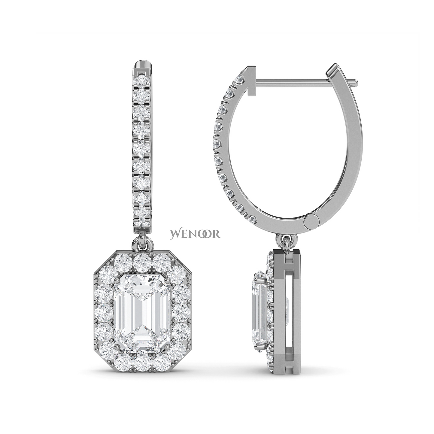 Luxury 18k Gold Dangle Drop Earrings with Emerald Cut Lab Diamond & Halo of Brilliant Stones