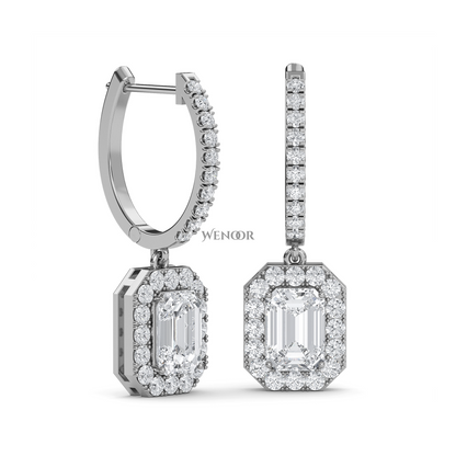 Luxury 18k Gold Dangle Drop Earrings with Emerald Cut Lab Diamond & Halo of Brilliant Stones