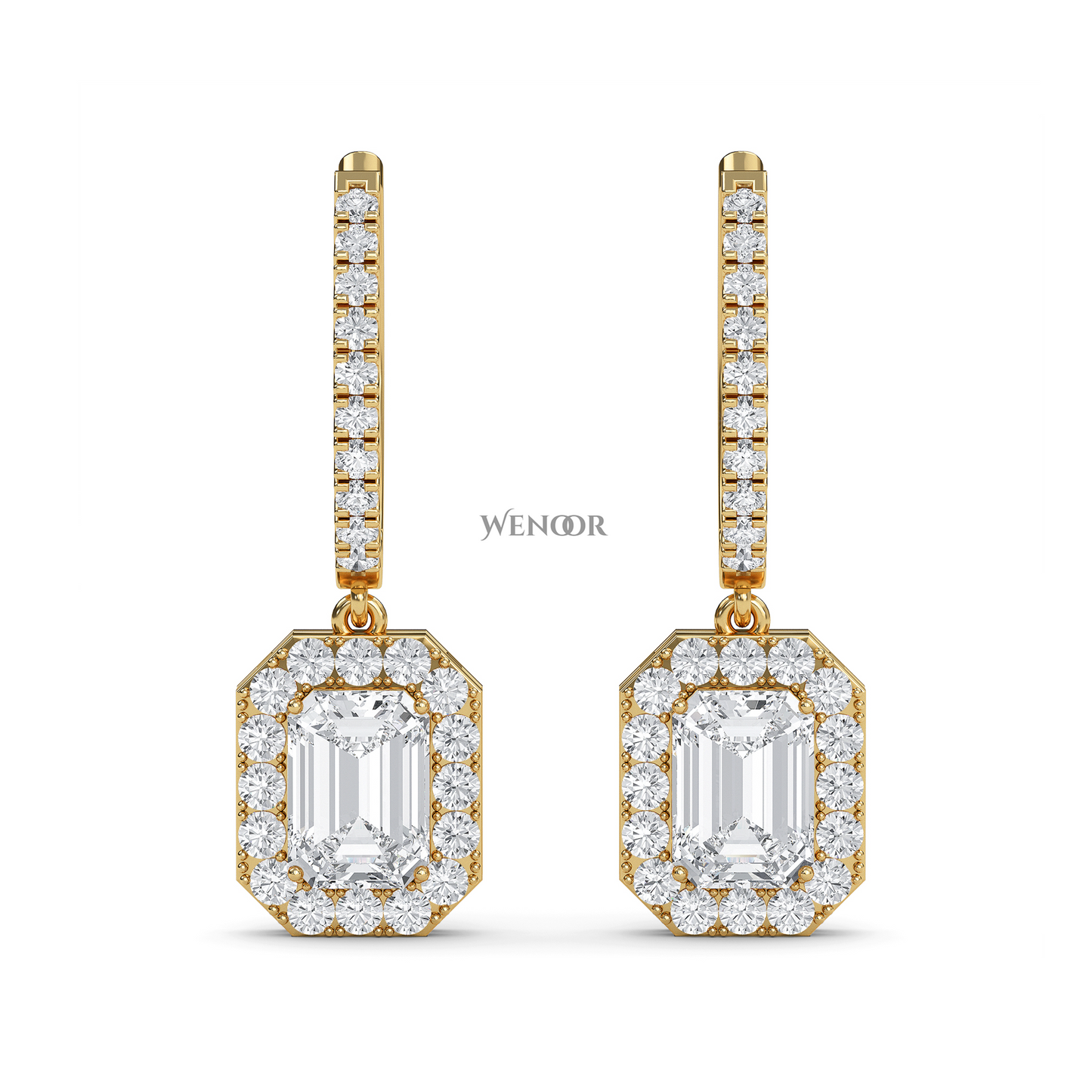 Luxury 18k Gold Dangle Drop Earrings with Emerald Cut Lab Diamond & Halo of Brilliant Stones