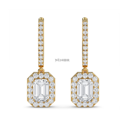 Luxury 18k Gold Dangle Drop Earrings with Emerald Cut Lab Diamond & Halo of Brilliant Stones