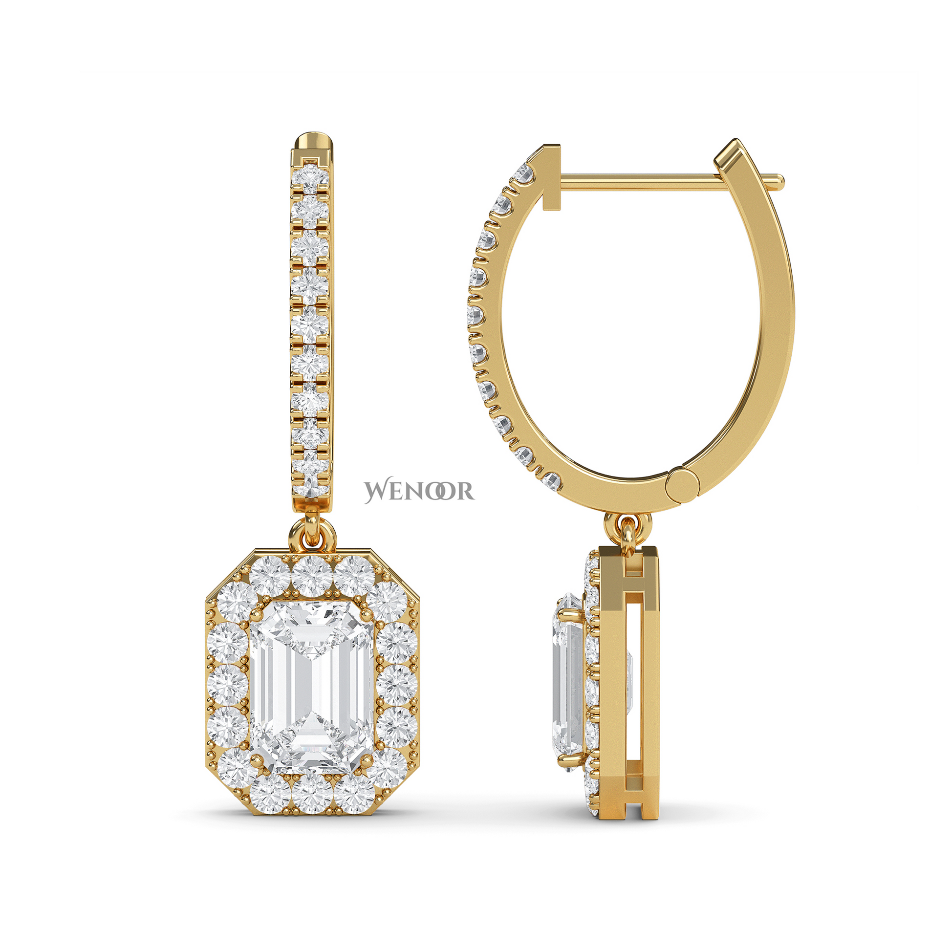 Luxury 18k Gold Dangle Drop Earrings with Emerald Cut Lab Diamond & Halo of Brilliant Stones