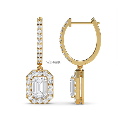 Luxury 18k Gold Dangle Drop Earrings with Emerald Cut Lab Diamond & Halo of Brilliant Stones