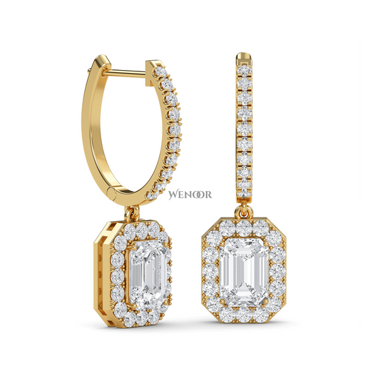 Luxury 18k Gold Dangle Drop Earrings with Emerald Cut Lab Diamond & Halo of Brilliant Stones
