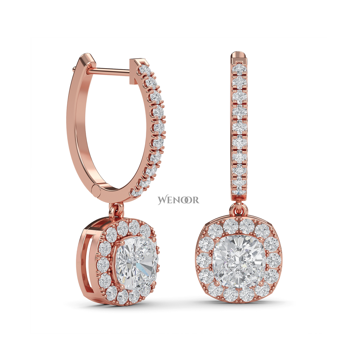 Cushion Cut Dangle Drop Lab Diamond Earring  in 14k Rose Gold 