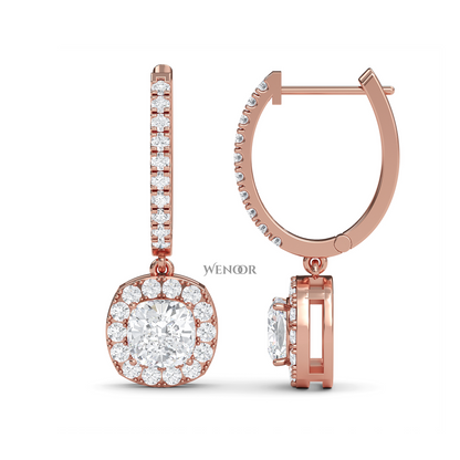 Cushion Cut Dangle Drop Lab Diamond Earring  in 14k Rose Gold 