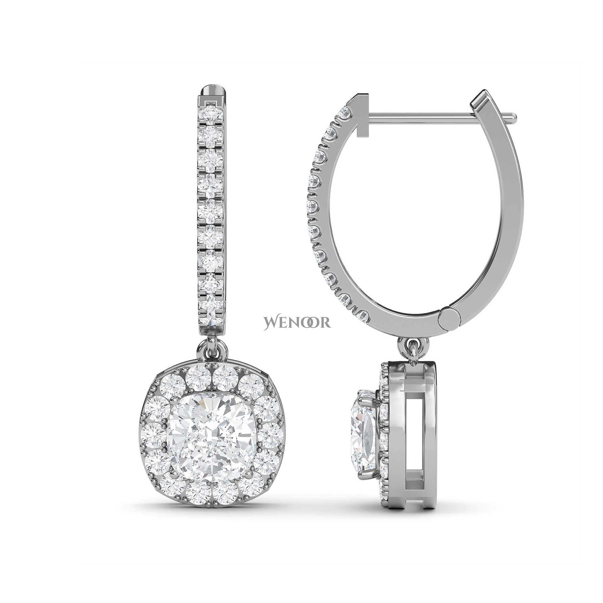 Cushion Cut Dangle Drop Lab Diamond Earring  in 14k White Gold 