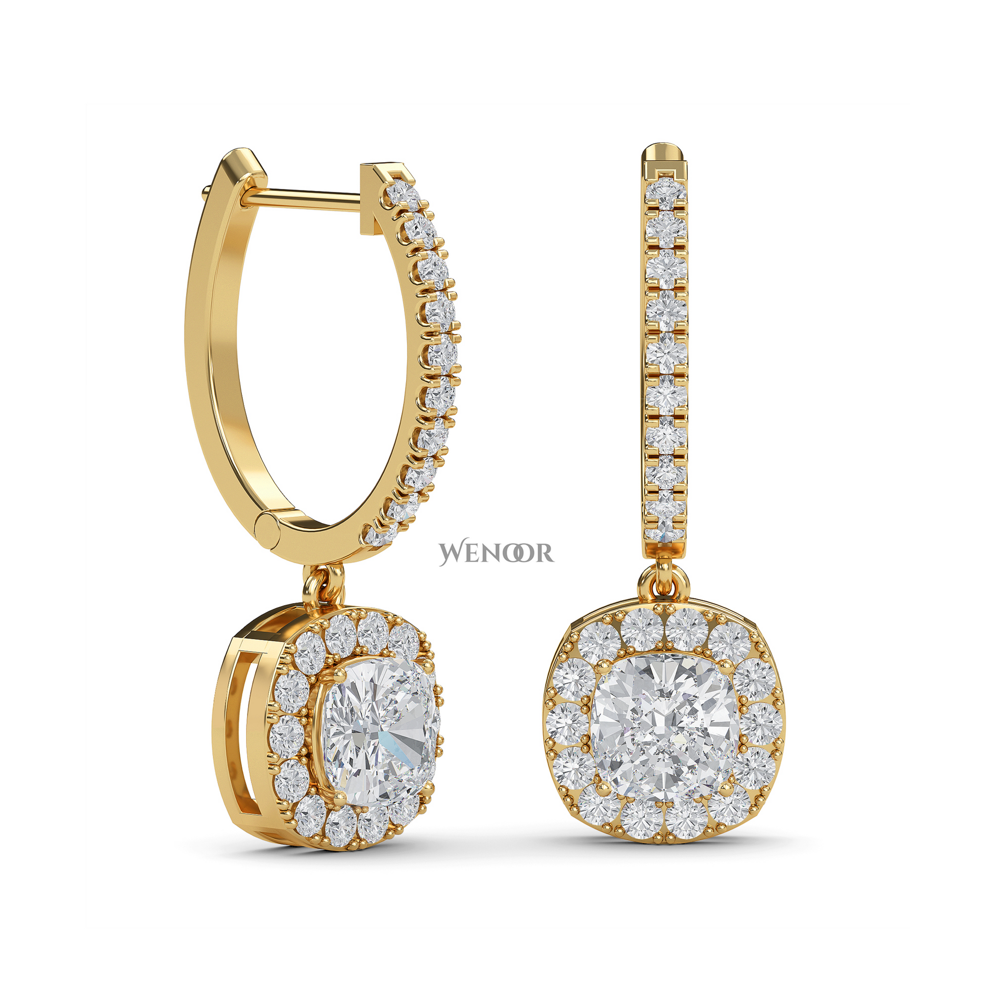 Cushion Cut Dangle Drop Lab Diamond Earring  in 14k Yellow Gold 