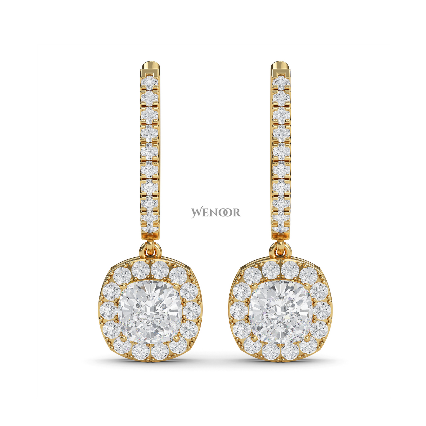 Cushion Cut Dangle Drop Lab Diamond Earring  in 14k Yellow Gold 