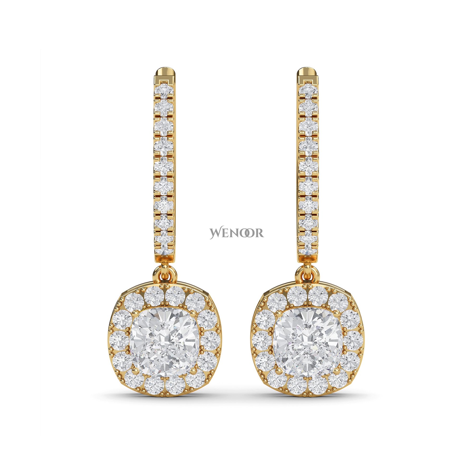 Cushion Cut Dangle Drop Lab Diamond Earring  in 14k Yellow Gold 