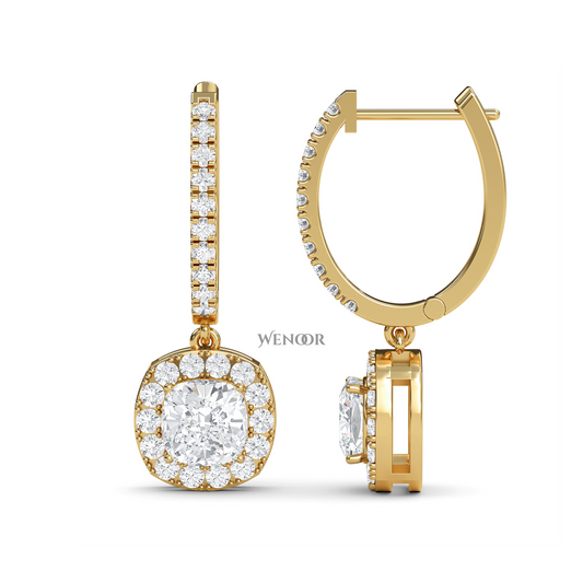 Cushion Cut Dangle Drop Lab Diamond Earring  in 14k Yellow Gold 