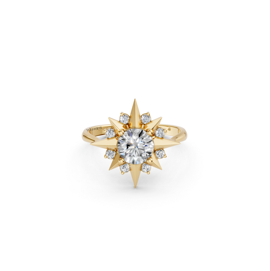 14K gold vintage star ring with lab created moissanites, perfect as a celestial inspired anniversary or birthday gift for her
