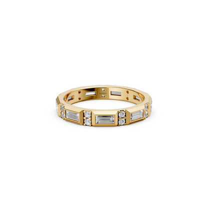Luxurious bezel set eternity band featuring sparkling round diamonds and geometric baguette cut lab diamonds in rich 14K gold