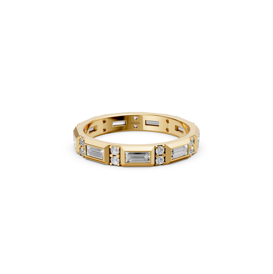 Luxurious bezel set eternity band featuring sparkling round diamonds and geometric baguette cut lab diamonds in rich 14K gold