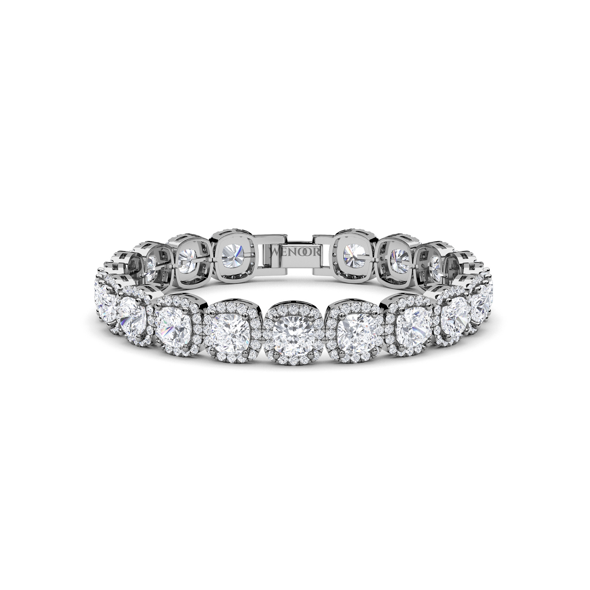 White gold tennis bracelet featuring cushion  and round lab diamonds - luxurious bridal gift.