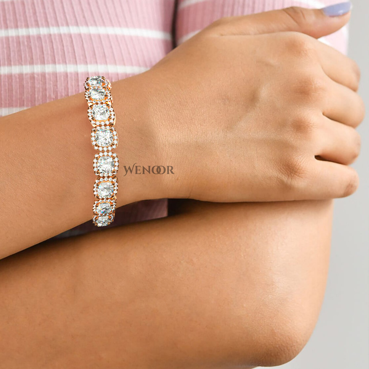 Rose gold tennis bracelet featuring cushion  and round lab diamonds - luxurious bridal gift.