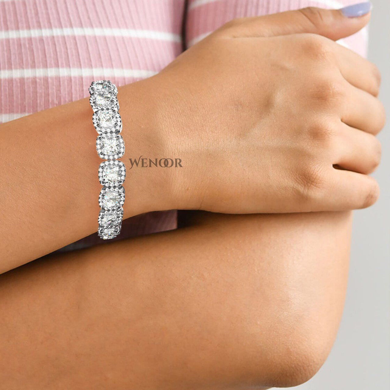 White gold tennis bracelet featuring cushion  and round lab diamonds - luxurious bridal gift.