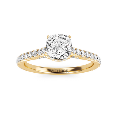 Unique Cushion Cut Engagement Diamond Ring  Hidden Halo style