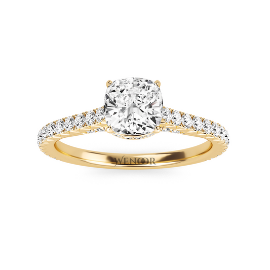 Unique Cushion Cut Engagement Diamond Ring  Hidden Halo style