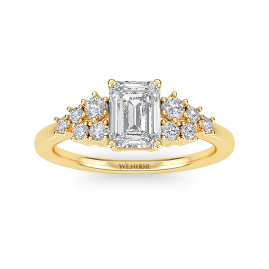 Unique east west emerald cut diamond ring with a geometric white yellow rose gold band for emerald cut diamond accent style ring