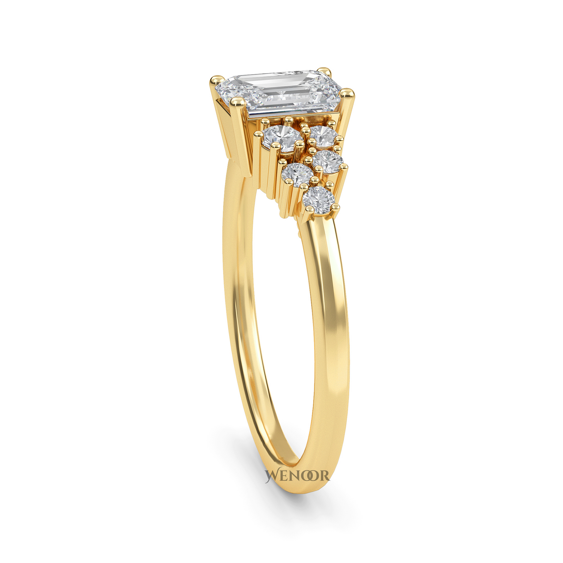Unique east west emerald cut diamond ring with a geometric white yellow rose gold band for emerald cut diamond accent style ring