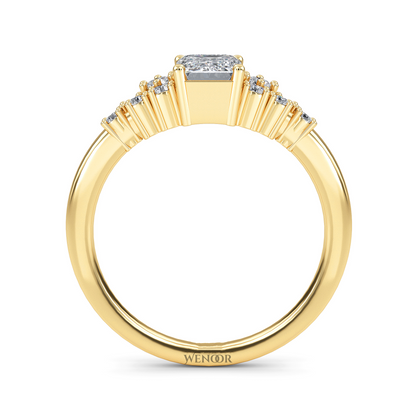 Unique east west emerald cut diamond ring with a geometric white yellow rose gold band for emerald cut diamond accent style ring
