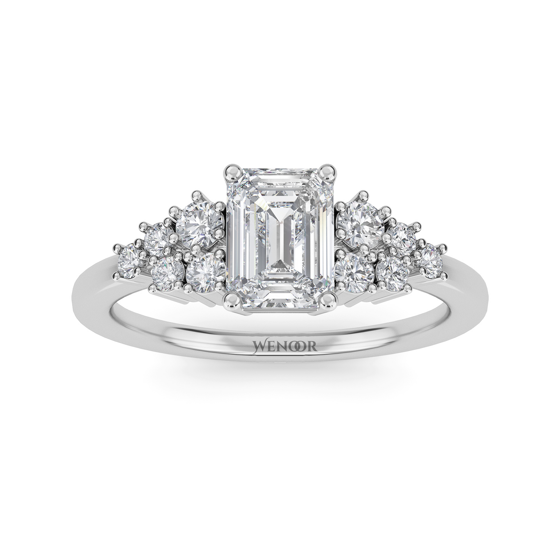 Unique east west emerald cut diamond ring with a geometric white yellow rose gold band for emerald cut diamond accent style ring