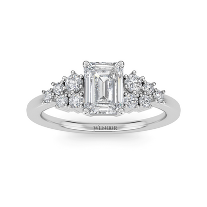 Unique east west emerald cut diamond ring with a geometric white yellow rose gold band for emerald cut diamond accent style ring