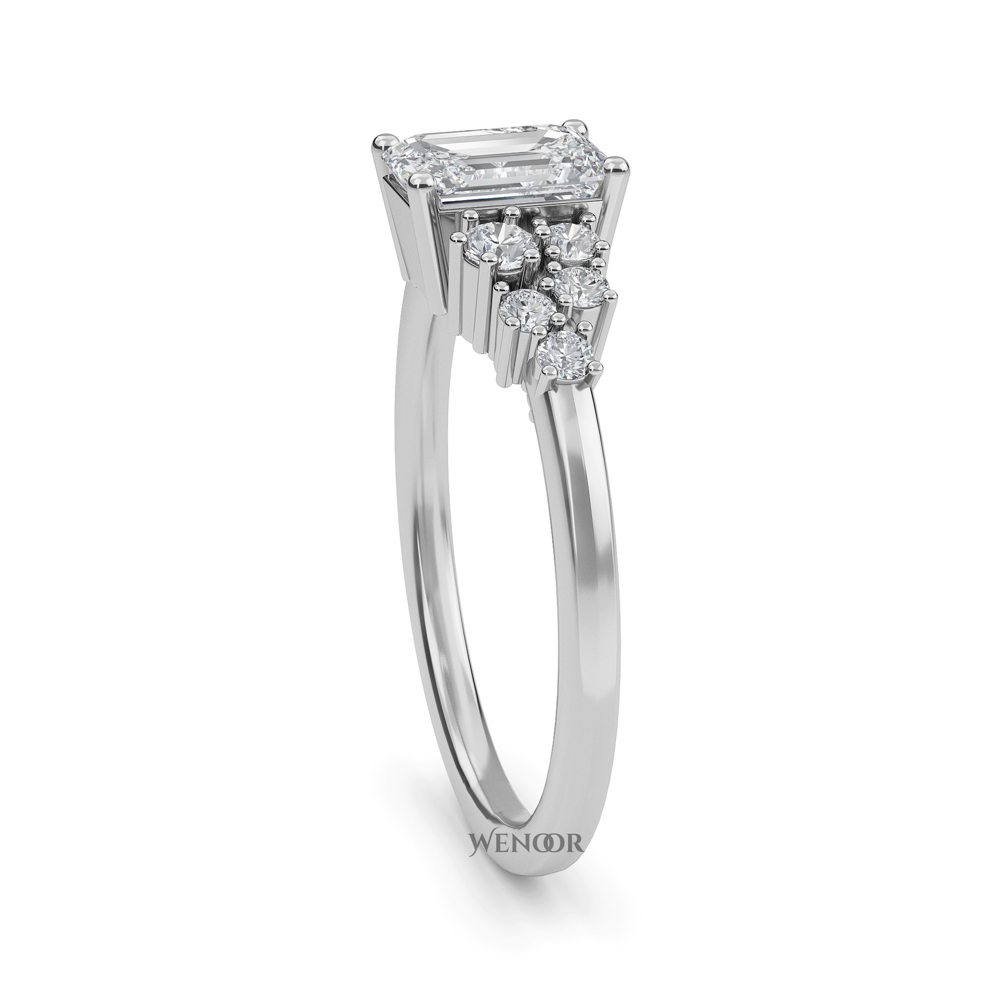 Unique east west emerald cut diamond ring with a geometric white yellow rose gold band for emerald cut diamond accent style ring