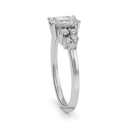 Unique east west emerald cut diamond ring with a geometric white yellow rose gold band for emerald cut diamond accent style ring