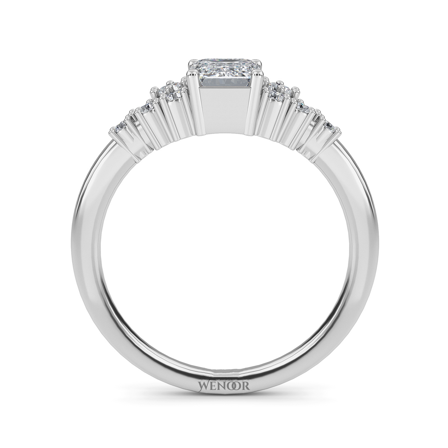 Unique east west emerald cut diamond ring with a geometric white yellow rose gold band for emerald cut diamond accent style ring
