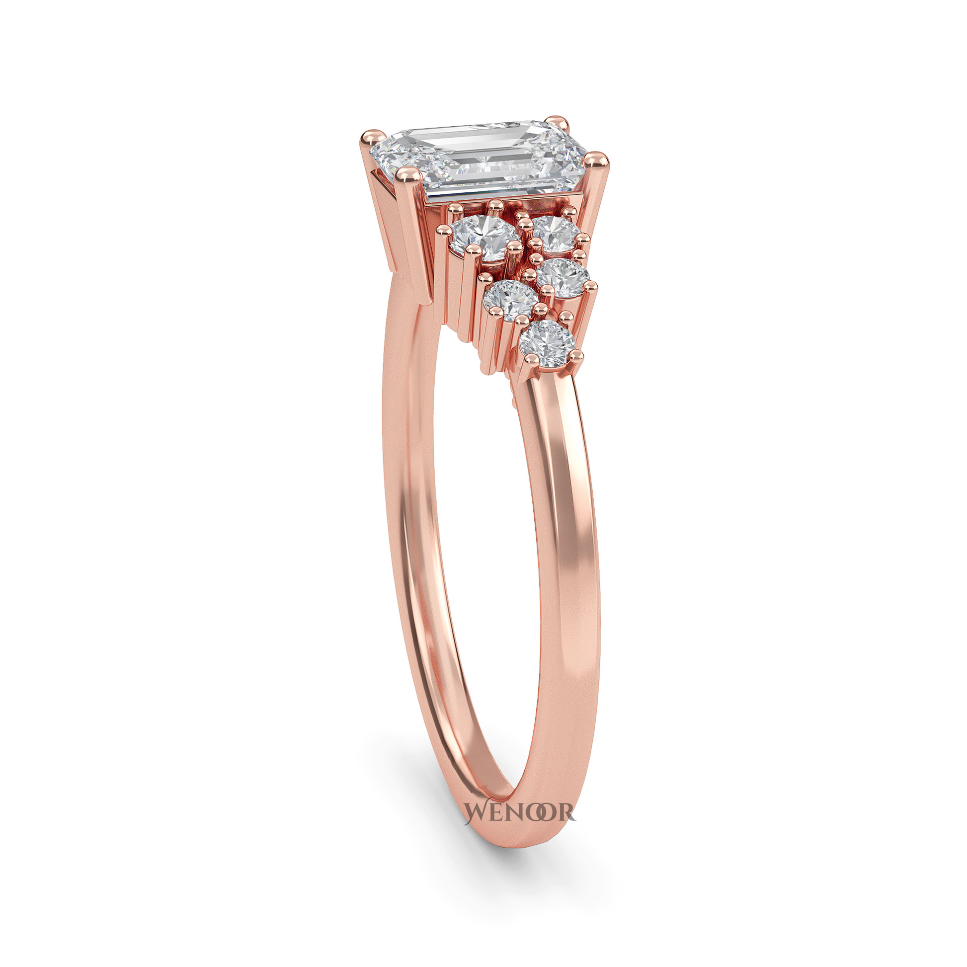 Unique east west emerald cut diamond ring with a geometric white yellow rose gold band for emerald cut diamond accent style ring
