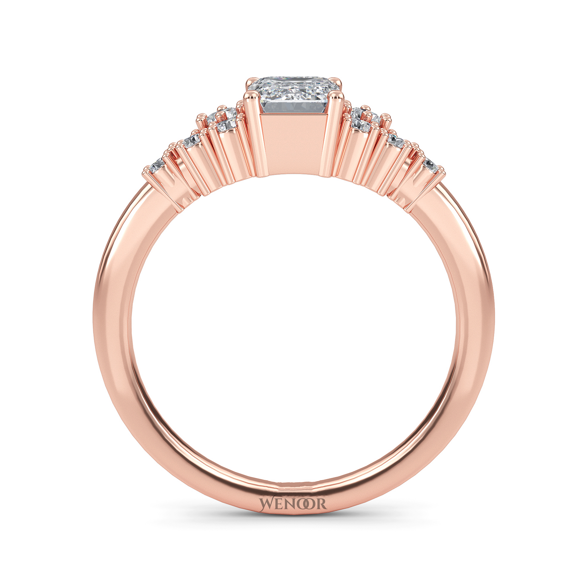Unique east west emerald cut diamond ring with a geometric white yellow rose gold band for emerald cut diamond accent style ring