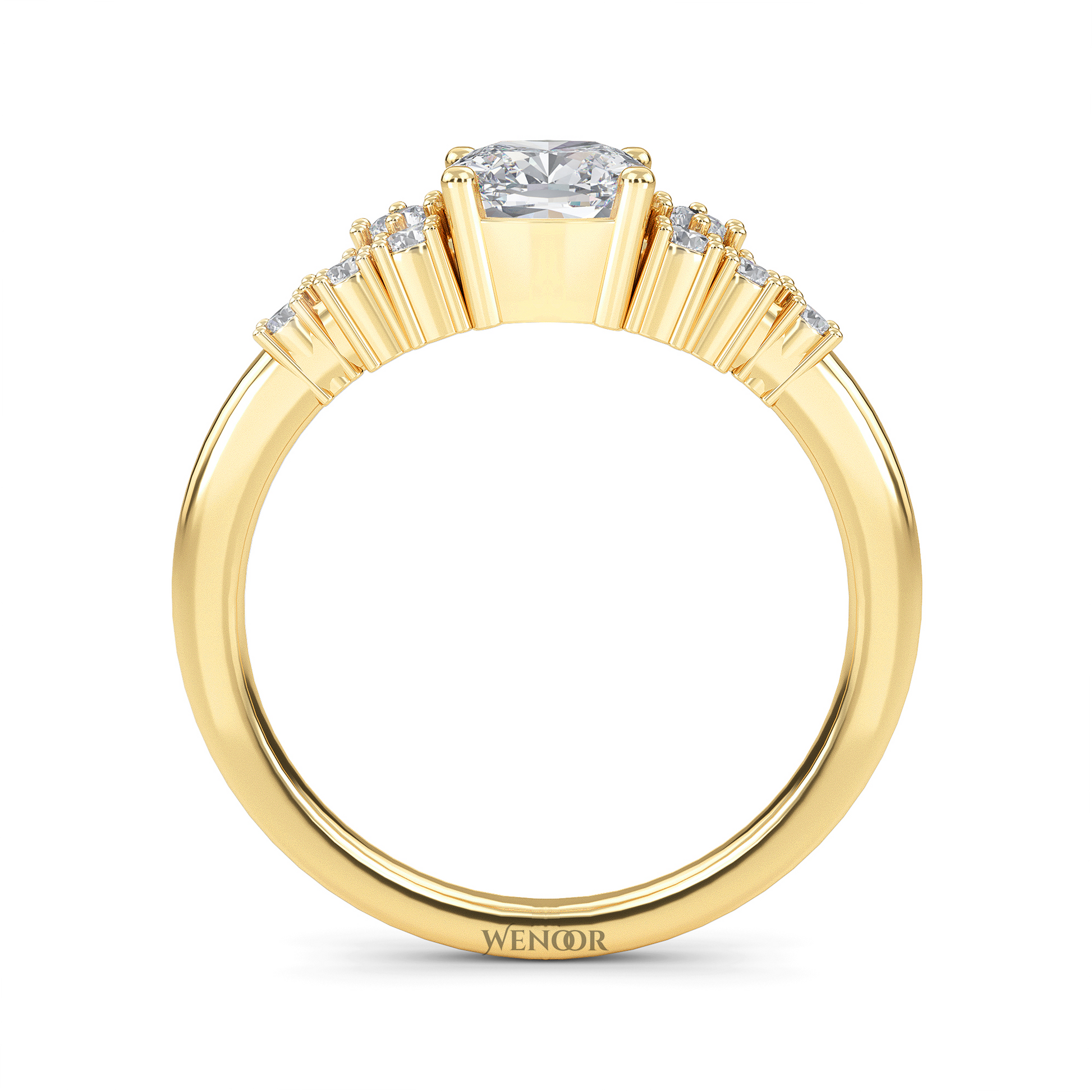 Unique east west emerald cut diamond ring with a geometric white yellow rose gold band for emerald cut diamond accent style ring