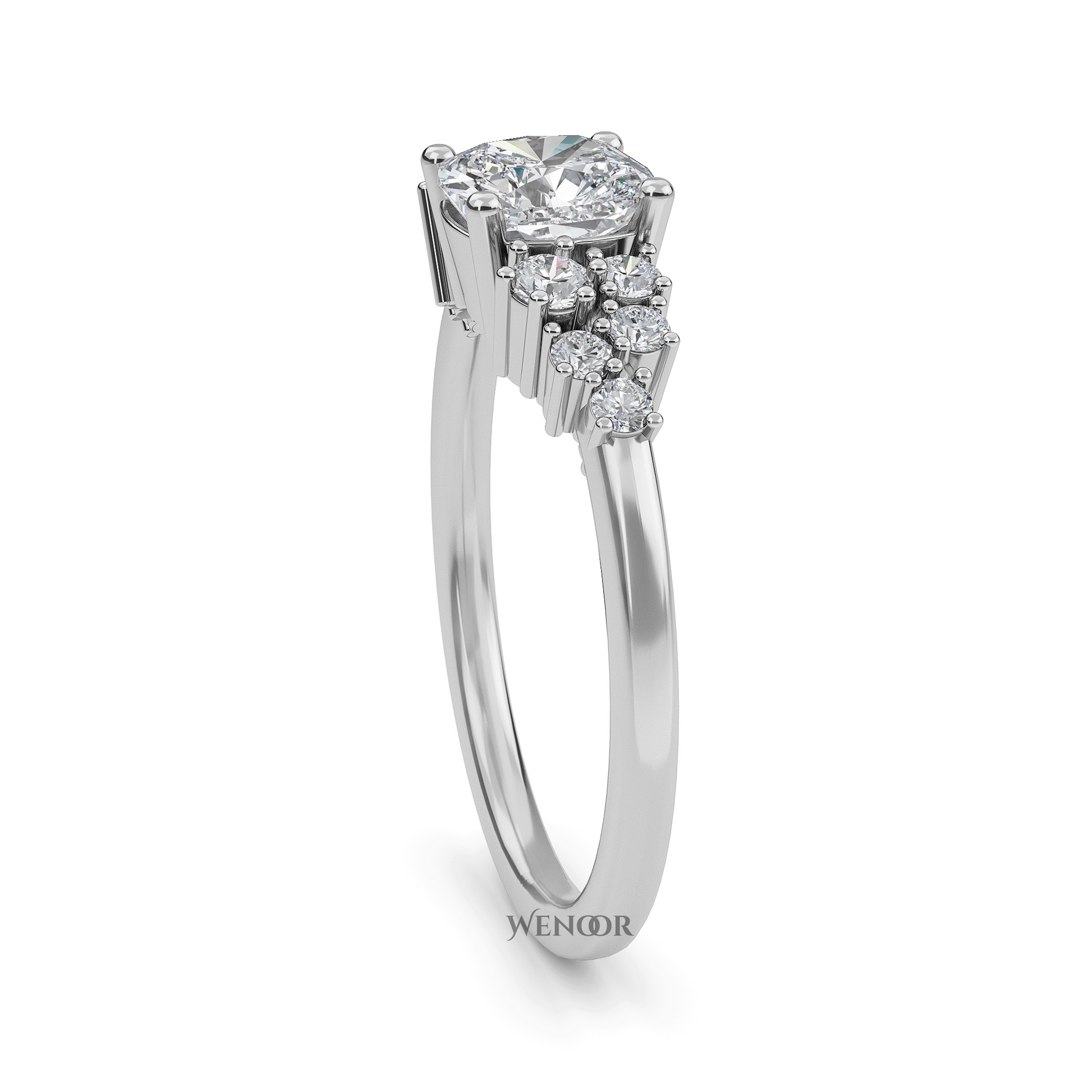 Unique east west emerald cut diamond ring with a geometric white yellow rose gold band for emerald cut diamond accent style ring
