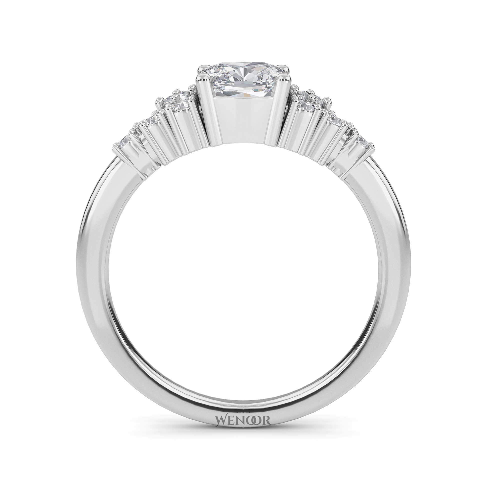 Unique east west emerald cut diamond ring with a geometric white yellow rose gold band for emerald cut diamond accent style ring