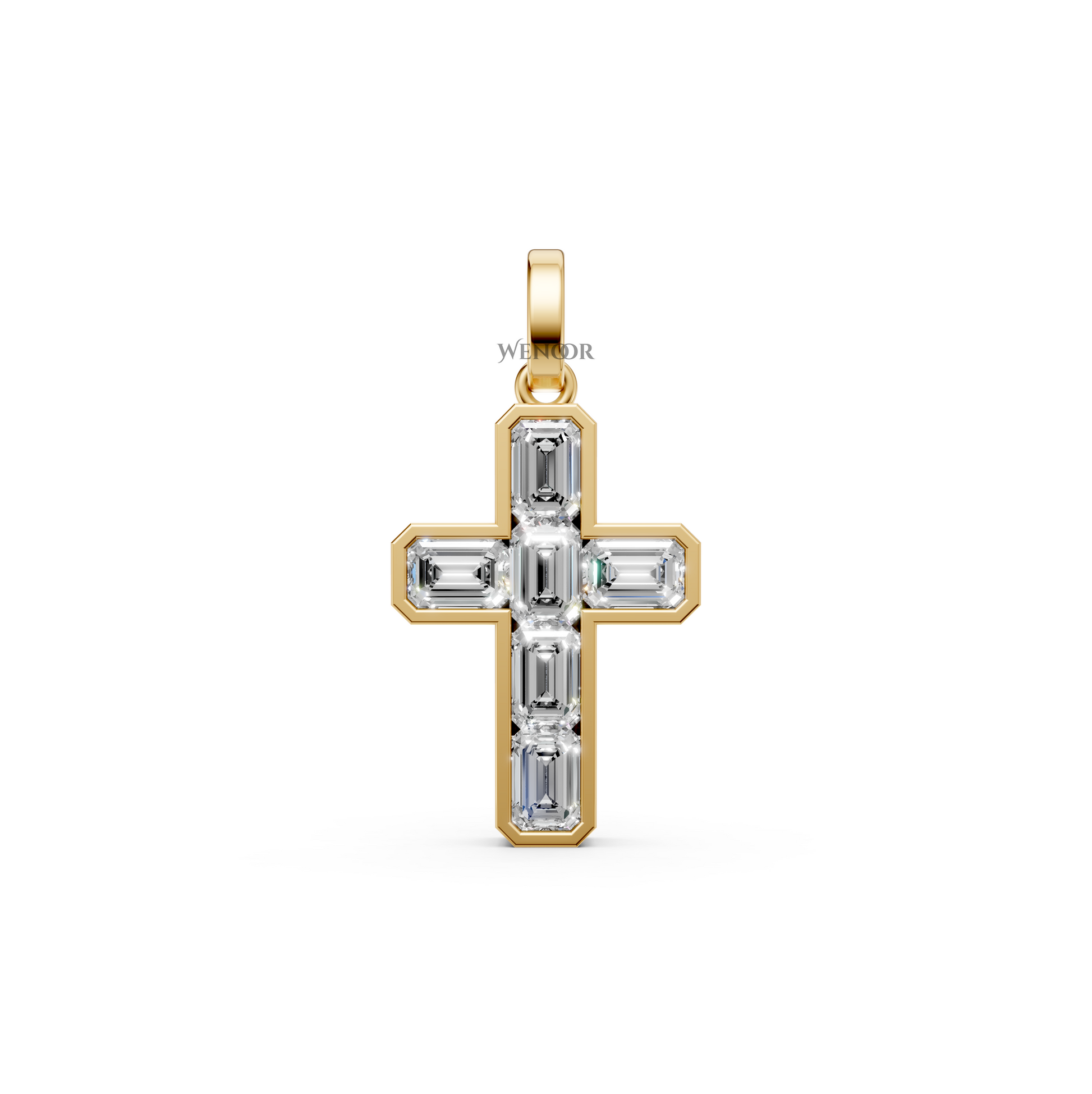 Alma Jesus cross pendant with six emerald-cut lab grown diamonds bordered in 14K/18K Yellow gold