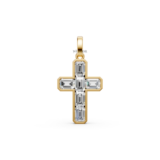 Alma Jesus cross pendant with six emerald-cut lab grown diamonds bordered in 14K/18K Yellow gold