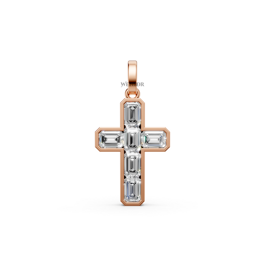 Alma Jesus cross pendant with six emerald-cut lab grown diamonds bordered in 14K/18K Yellow gold