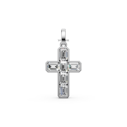 Alma Jesus cross pendant with six emerald-cut lab grown diamonds bordered in 14K/18K Yellow gold